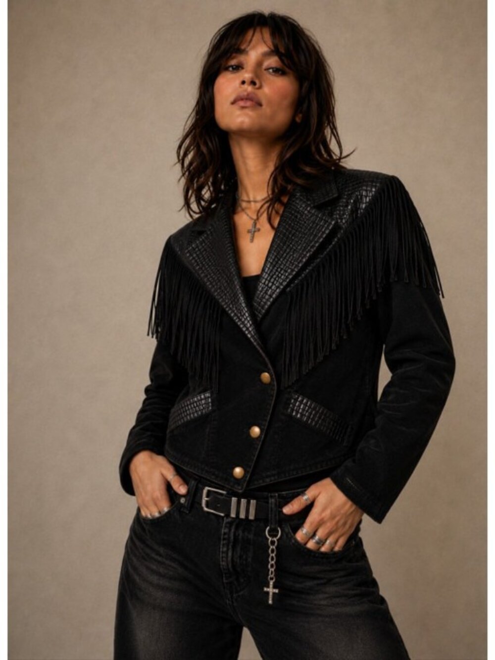 Vtg Womens Leather Suede Fringe Jacket Boho Cowgirl Biker Moto Cropped Size S